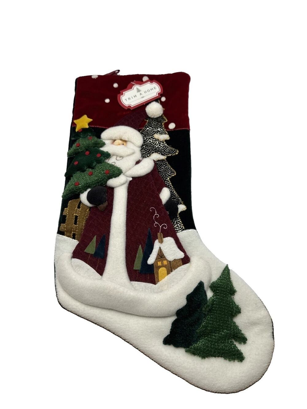 Trim A Home Christmas Stocking 3D Plush Santa Winter Cabin W/Tag Cottage Core